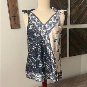 CHARLIE B Blue and White Patterned Blouse